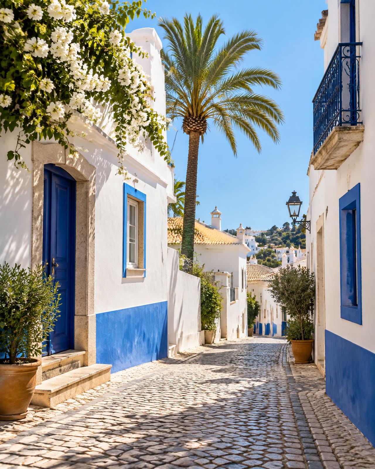 Rua branca e azul do Algarve com palmeira
